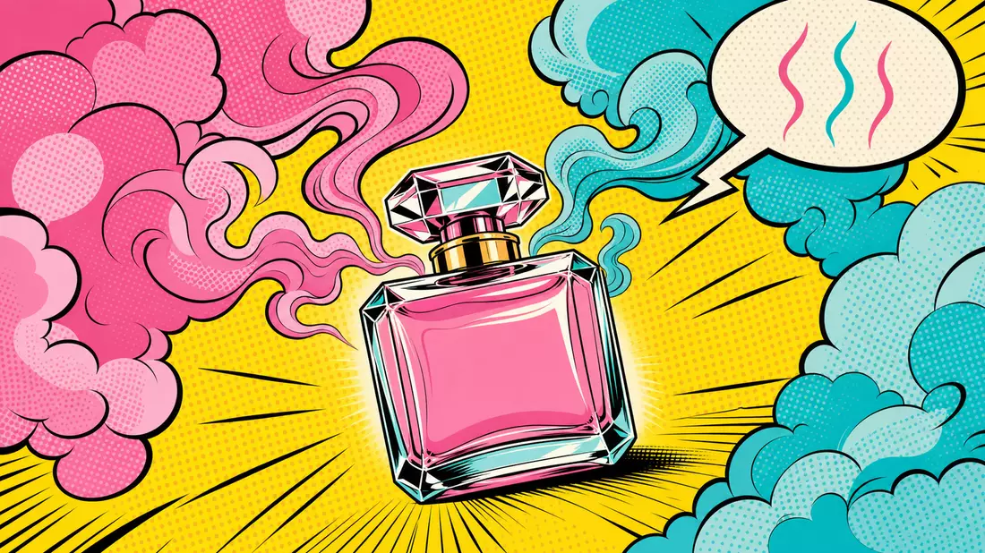A pop art comic book illustration of a stylised perfume bottle. The unlabelled pink geometric bottle sits at the centre, emanating large swirling fragrance clouds in hot pink and aqua with halftone Ben-Day dot patterns. A yellow sunburst fills the backgro