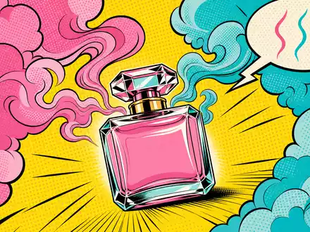Givaudan CH0010645932 Pop-Art-Parfumflakon mit Halftone-Punkten, pinken und türkisen Comic-Duftwolken auf gelbem Hintergrund - Foto: THN