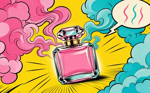 Givaudan CH0010645932 Pop-Art-Parfumflakon mit Halftone-Punkten, pinken und türkisen Comic-Duftwolken auf gelbem Hintergrund - Foto: THN