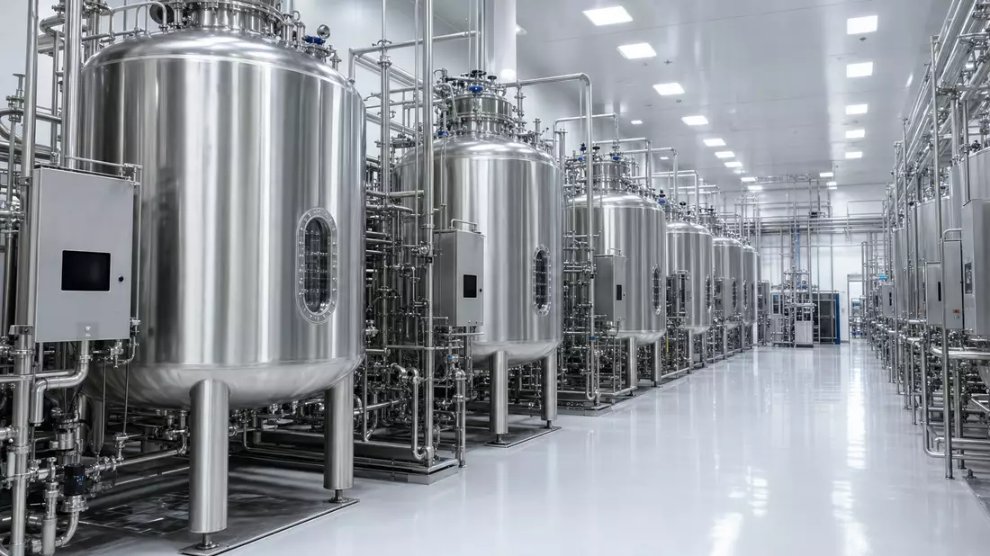 Fotorealistische Reinraum-Bioreaktor-Halle mit glänzenden Edelstahltanks und steriler LED-Beleuchtung
