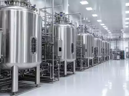 Lonza CH0013841017 zeigt Reinraum Bioreaktor Halle mit Edelstahl Tanks steriler LED Beleuchtung - Foto: THN