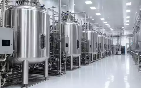 Lonza CH0013841017 zeigt Reinraum Bioreaktor Halle mit Edelstahl Tanks steriler LED Beleuchtung - Foto: THN