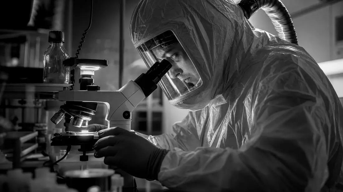 Schwarz-Weiß-Reportage: Wissenschaftler im Schutzanzug am Mikroskop, dokumentarischer Stil
