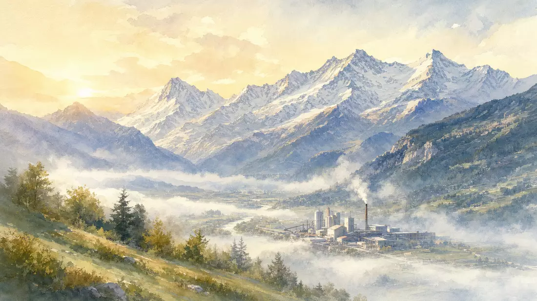 Aquarell der Walliser Alpen mit Industriestandort im Tal, weiche Bergkette im Morgenlicht