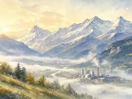 Lonza CH0013841017 Aquarell der Walliser Alpen mit Industrie Standort Visp im Tal - Foto: THN