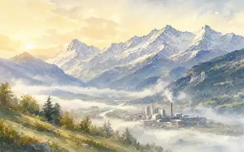 Lonza CH0013841017 Aquarell der Walliser Alpen mit Industrie Standort Visp im Tal - Foto: THN