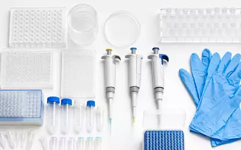 Lonza CH0013841017 Flatlay Labor Pipetten Petrischalen blaue Schutzhandschuhe auf weissem Tisch anonym - Foto: THN