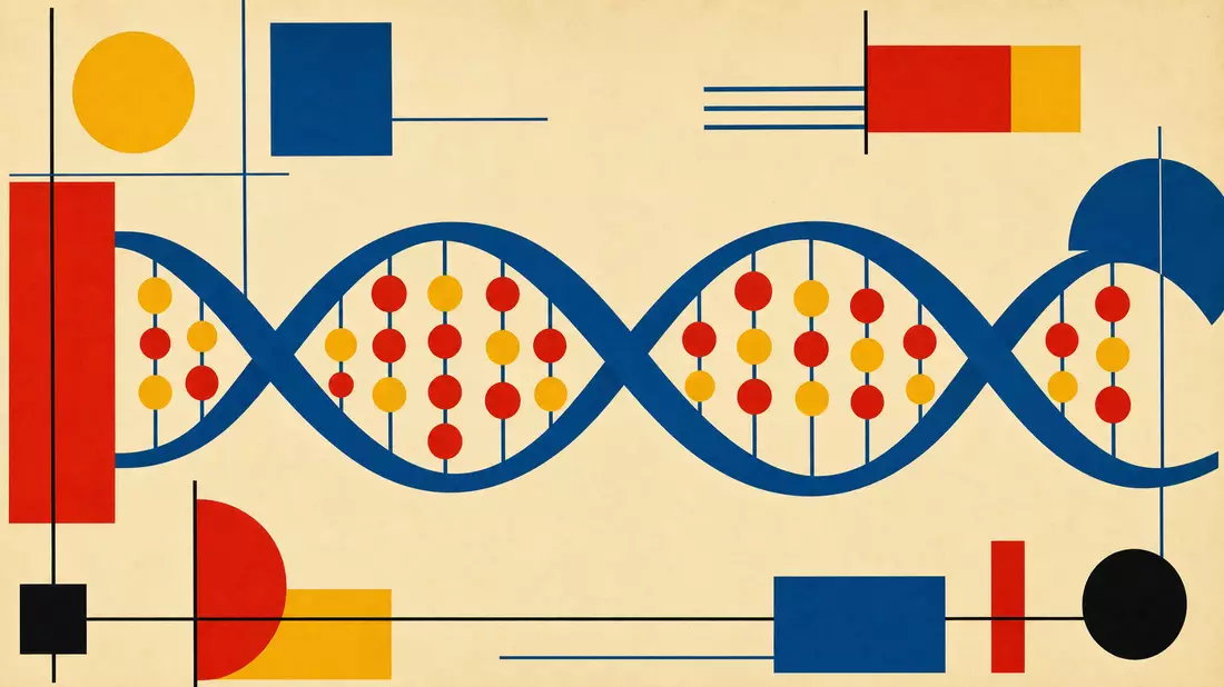 Bauhaus-Grafikposter mit geometrischer DNA-Doppelhelix in Gelb, Rot und Blau auf Beige