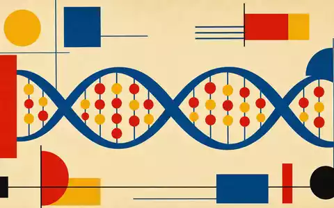 Lonza CH0013841017 Bauhaus Poster geometrische DNA Helix gelb rot blau auf beigem Grund - Foto: THN