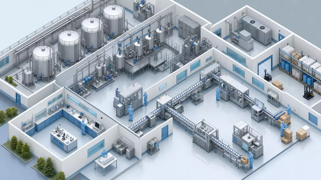 Isometrische 3D-Illustration einer Pharma-Produktionsanlage mit Tanks, Leitungen und Verpackungslinie