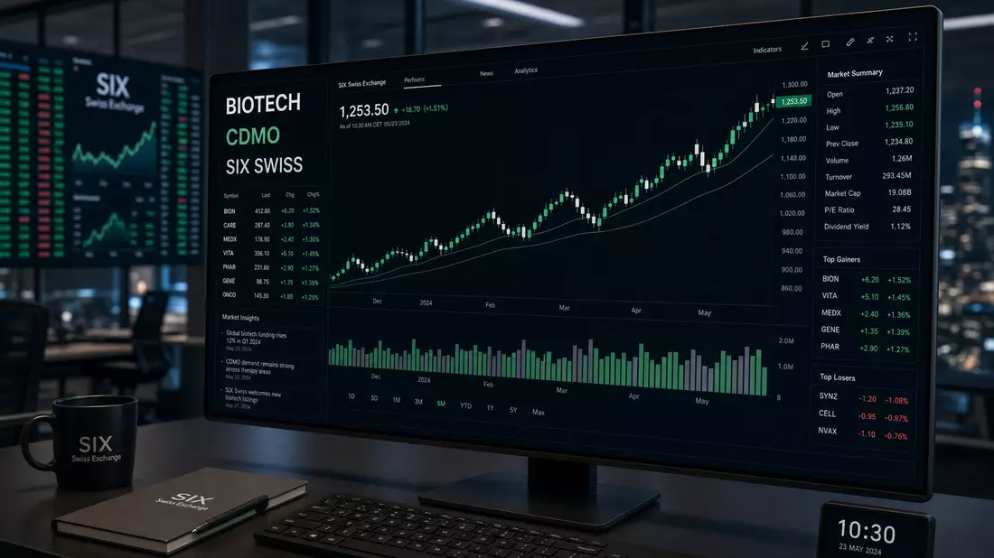 Börsen-Editorial: Dunkler Monitor mit BIOTECH, CDMO und SIX SWISS Beschriftung und Kursdiagrammen