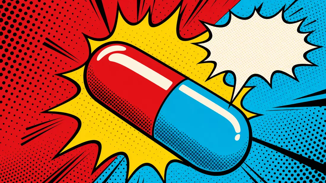 Pop-Art-Comic: Stilisierte Kapsel-Pille mit Halftone-Punkten und leerer Comic-Sprechblase