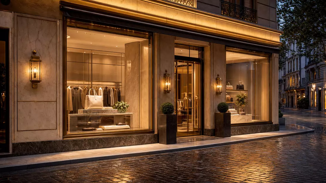 Fotorealistisches Luxus-Boutique-Schaufenster in Genf, Marmor, Messing, goldenes Abendlicht