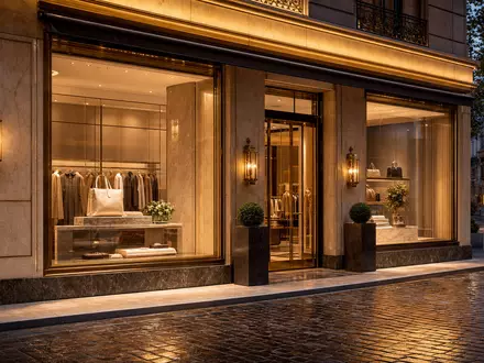 Richemont CH0045159024 präsentiert elegantes Luxusboutique-Schaufenster mit Marmor und Messing im Genfer Abendlicht - Foto: THN