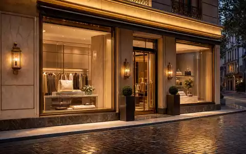 Richemont CH0045159024 präsentiert elegantes Luxusboutique-Schaufenster mit Marmor und Messing im Genfer Abendlicht - Foto: THN