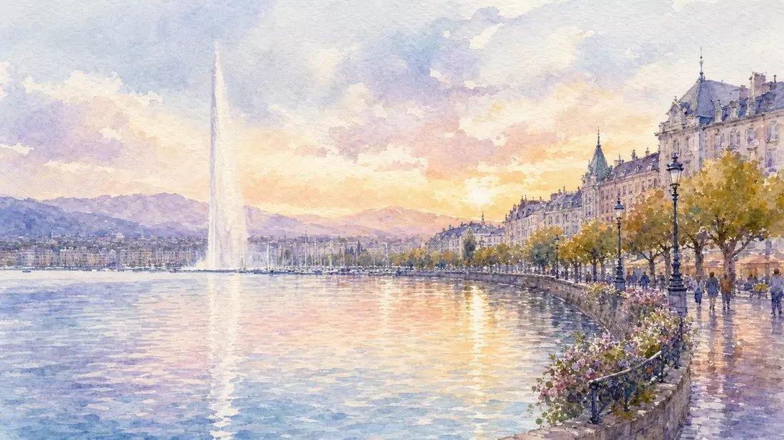 Aquarell des Genfer Seeufers mit Jet d'Eau, Pastelltöne, impressionistisch
