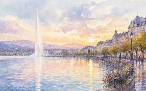 Richemont CH0045159024 inspiziert Genfer Seeufer mit Jet d'Eau in zarten Aquarell-Pastelltönen und weichen Pinselstrichen - Foto: THN