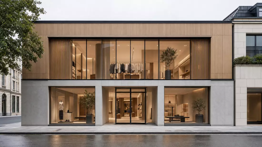 Architekturaufnahme: minimalistischer Luxus-Flagship-Store mit Holzfassade und Glasfronten