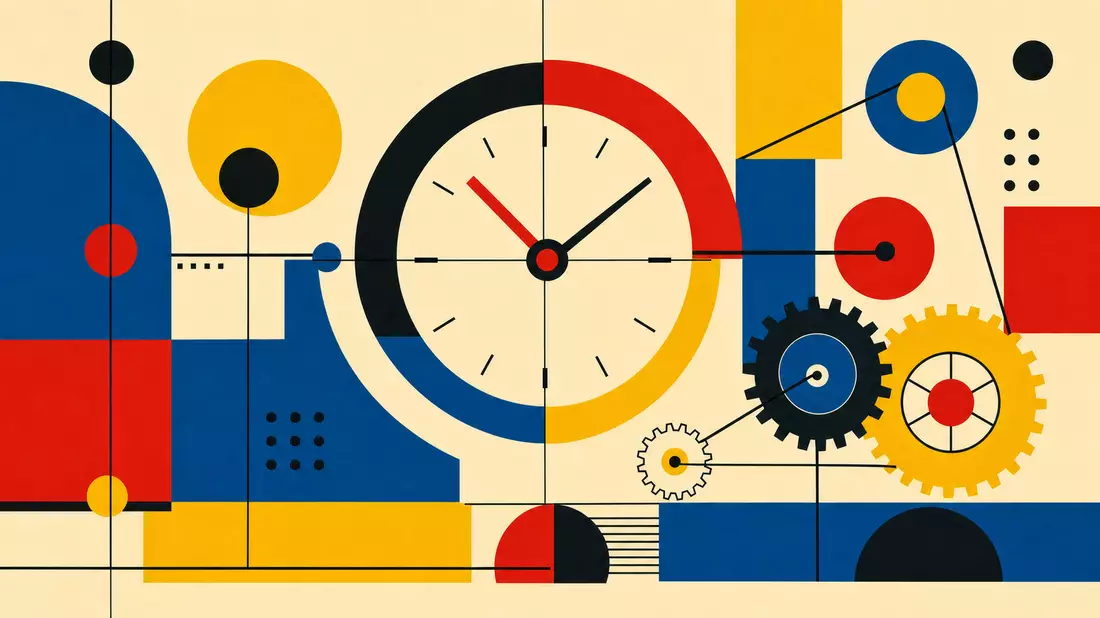 Bauhaus-Poster: geometrische Uhrwerk-Komposition in Rot, Blau, Gelb und Creme