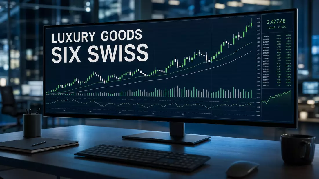 Börsen-Editorial: Handelsmonitor mit LUXURY GOODS und SIX SWISS Text, Candlestick-Charts