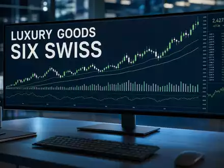 Richemont CH0045159024 erscheint als Börsen-Editorial mit 'LUXURY GOODS' und 'SIX SWISS' Text auf neutralem Kursmonitor - Foto: THN