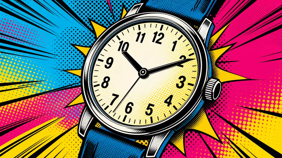 Pop-Art-Comic: stilisierte Uhr mit Halftone-Punkten, CMY-Farben, Aktionslinien