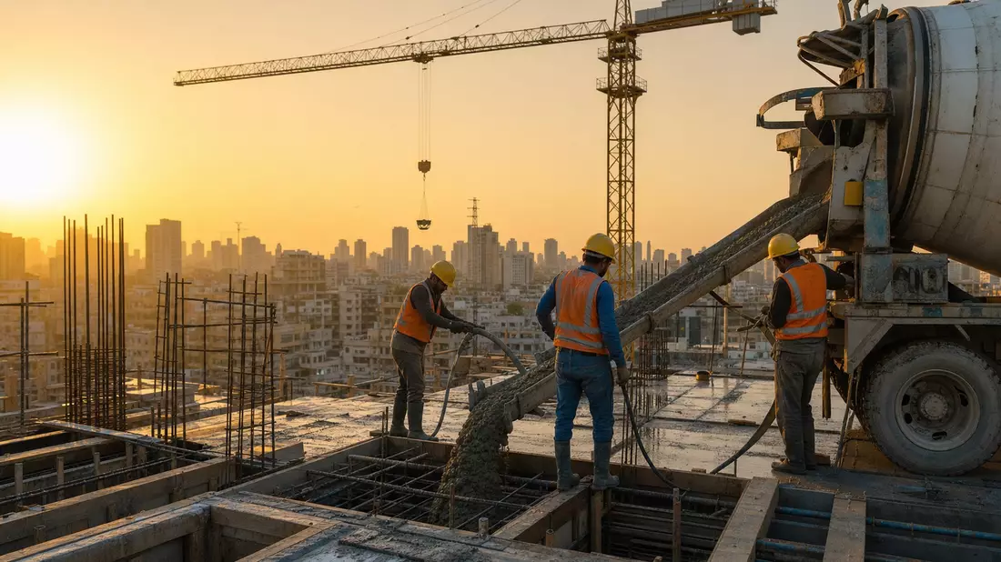 Construction workers pouring concrete on a high-rise building site at golden hour, cranes and rebar visible