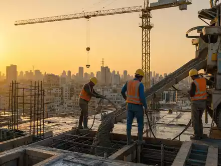 Sika AG CH0418792922 Betonarbeiter gieĂen frischen Beton auf groĂer Hochhaus-Baustelle bei Sonnenuntergang - Foto: THN