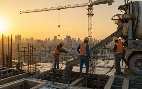 Sika AG CH0418792922 Betonarbeiter gießen frischen Beton auf großer Hochhaus-Baustelle bei Sonnenuntergang - Foto: THN