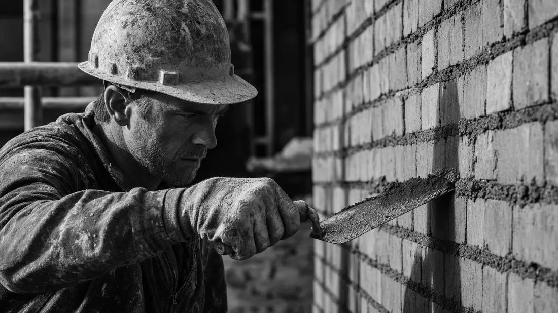 Black and white documentary photo of a construction worker applying mortar with a trowel to a brick wall