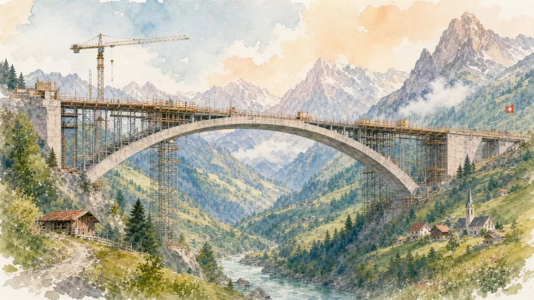 Watercolor painting of an arched concrete bridge under construction spanning a Swiss alpine valley with scaffolding