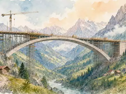Sika AG CH0418792922 Aquarellbild zeigt Betonbogenbrücke im Bau über grünes Schweizer Alpental mit Bergen - Foto: THN