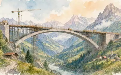 Sika AG CH0418792922 Aquarellbild zeigt Betonbogenbrücke im Bau über grünes Schweizer Alpental mit Bergen - Foto: THN