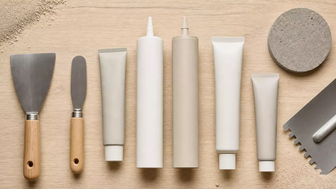 Flat lay of construction tools including putty knife, spatula, blank neutral tubes and mortar sample disc on light oak wood