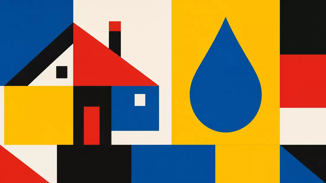 Bauhaus graphic poster with bold geometric house silhouette and teardrop adhesive drop in primary colors red blue yellow black