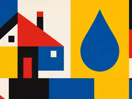Sika AG CH0418792922 Bauhaus-Grafikposter zeigt geometrische Haussilhouette mit großem flachen Klebstoff-Tropfen daneben - Foto: THN