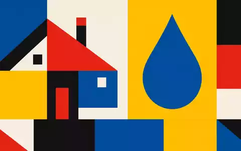 Sika AG CH0418792922 Bauhaus-Grafikposter zeigt geometrische Haussilhouette mit großem flachen Klebstoff-Tropfen daneben - Foto: THN