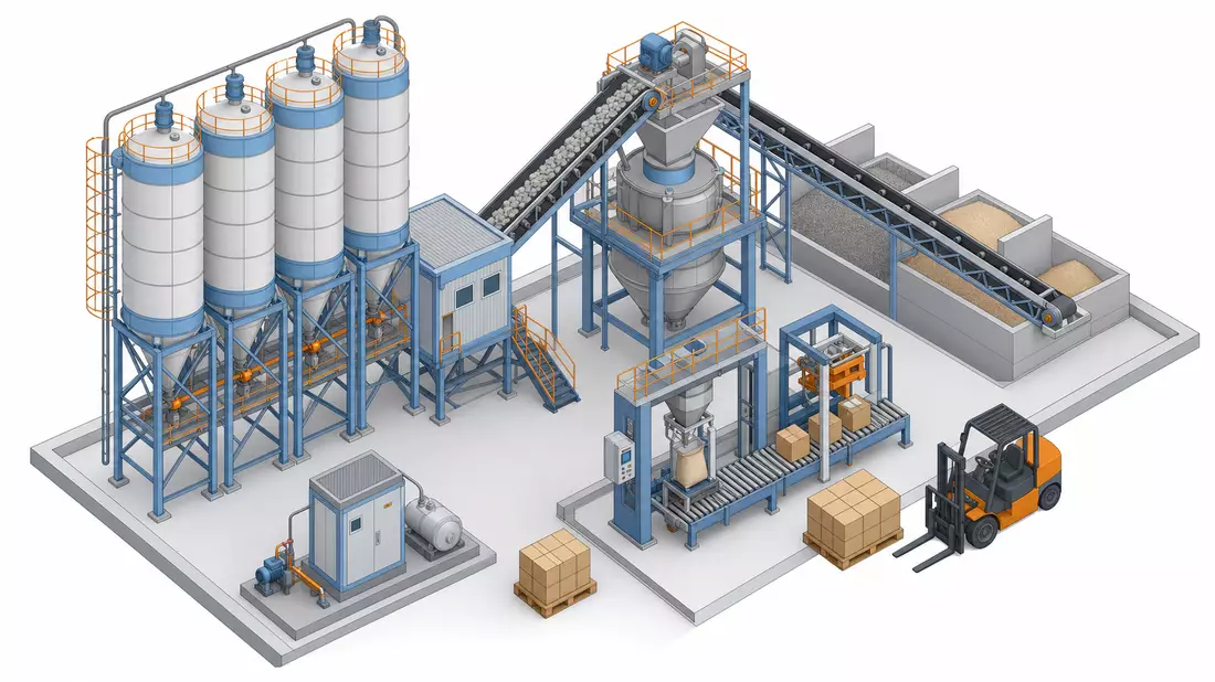 Clean isometric 3D illustration of an industrial mixing plant with cylindrical silos, conveyor belts, packaging station and forklift