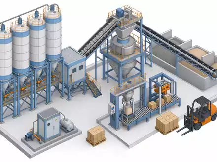 Sika AG CH0418792922 isometrische 3D-Illustration einer Mischanlage mit Silos Förderbändern und Gabelstapler - Foto: THN