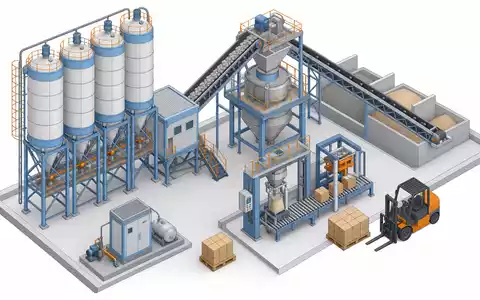 Sika AG CH0418792922 isometrische 3D-Illustration einer Mischanlage mit Silos Förderbändern und Gabelstapler - Foto: THN