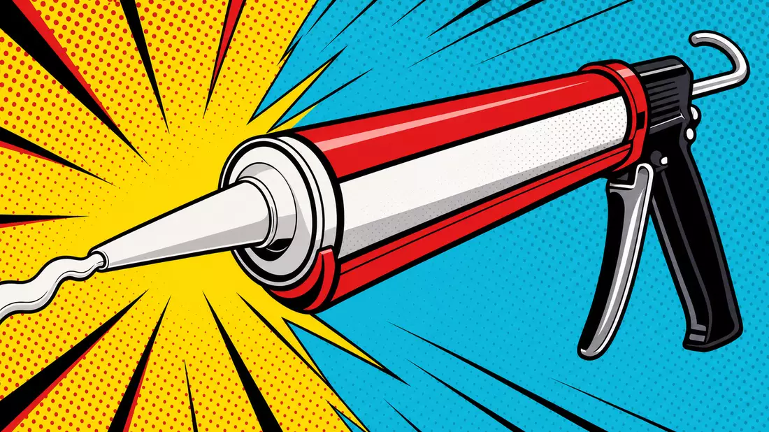 Pop-art comic illustration of a caulking gun sealant applicator with halftone dot background and radiating action lines