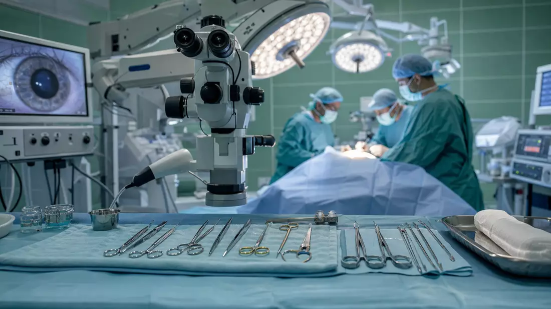 Photorealistic wide panoramic view of a modern ophthalmic surgery operating room. Surgical microscope centered, sterile metallic instruments arranged on blue drape, scrub-suited surgical team in background, cold overhead surgical lighting