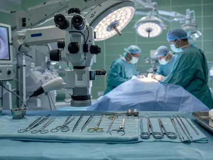 Alcon CH0432492467: Augenchirurgie OP Saal mit Mikroskop, sterilen Werkzeugen und einem Operationsteam - Foto: THN