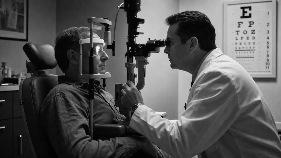 Black and white photojournalism style. Ophthalmologist using slit-lamp biomicroscope to examine patient seated in optometry chair, strong chiaroscuro contrast, documentary grain, intimate clinical moment captured in wide horizontal frame