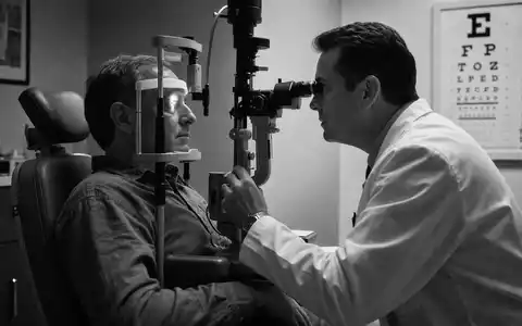 Alcon CH0432492467: Schwarz Weiß Fotografie eines Augenarztes mit Spaltlampe und Patient im Untersuchungsstuhl - Foto: THN