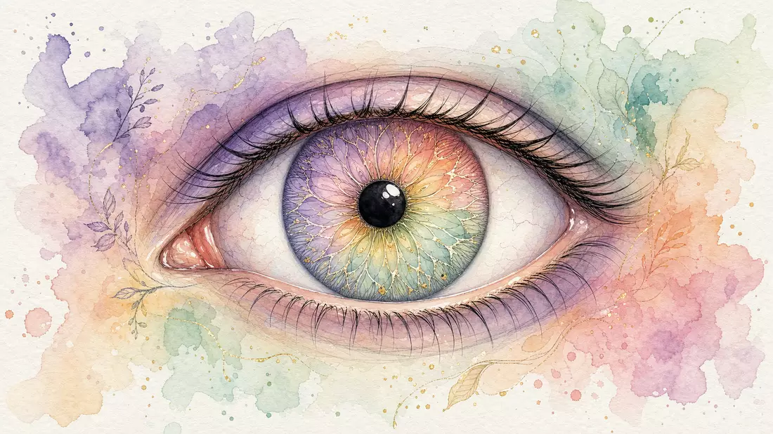 Watercolor illustration of a stylized human eye centered in wide panoramic composition. Iris rendered in intricate pastel rainbow patterns in lavender, mint, peach, gold with delicate ink linework and translucent watercolor washes