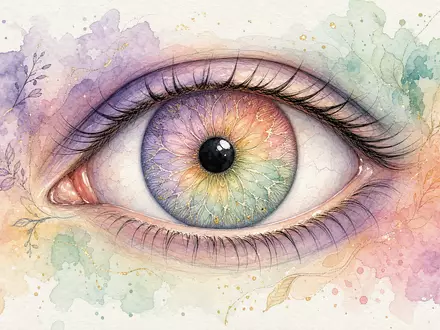 Alcon CH0432492467: Aquarell Illustration eines Auges mit bunten Iris Mustern in zarten Pastellfarben - Foto: THN
