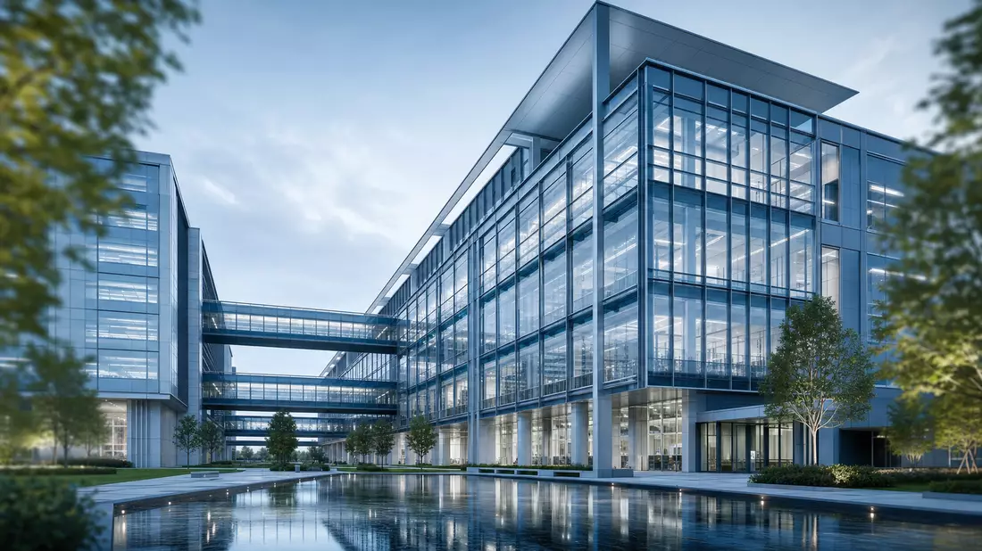 Architectural photography of a modern medical technology corporate headquarters. Glass curtain wall facade with geometric steel grid, elevated skywalks connecting two wings, landscaped plaza with reflecting pool, cool blue-grey tonality