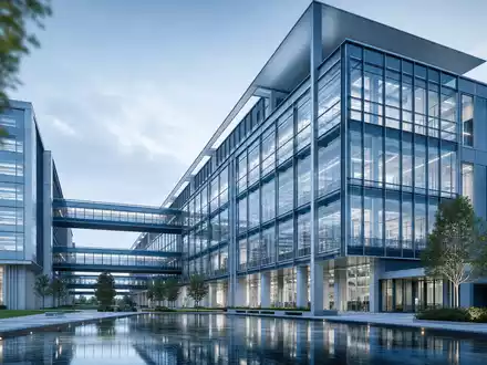 Alcon CH0432492467: Modernes Med Tech Hauptquartier mit Glasfassade, verbindenden Skywalks und einem Spiegelbecken - Foto: THN