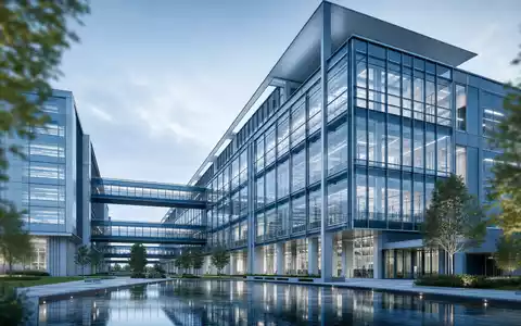 Alcon CH0432492467: Modernes Med Tech Hauptquartier mit Glasfassade, verbindenden Skywalks und einem Spiegelbecken - Foto: THN